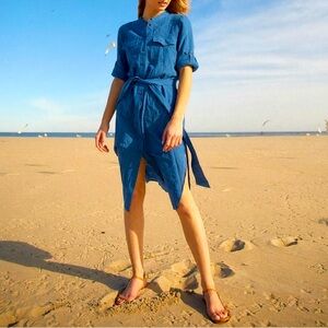 Veronica Beard Blue Cotton Makua Swim Cover up‎ Button Waist Tie Long maxi Large